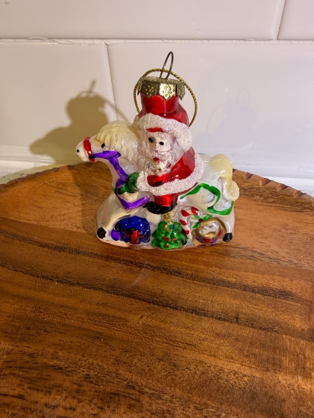 Vintage Blown Glass Festive Santa on White Horse Holiday Ornament